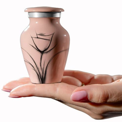 Custom Pink Flower Mini Urn – Personalized Text Only – Small 3" Keepsake Cremation Urn for Human Ashes – Drawn Tulip Design – Velvet Bag, Box & Funnel – Made in USA - color: Customized Pink, size: Small