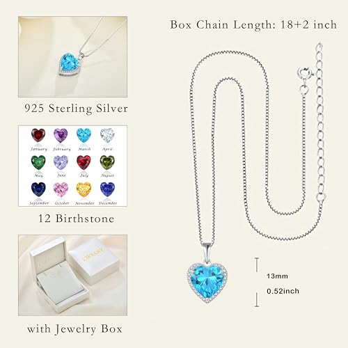 925 Sterling Silver Halo Heart Necklace for Women | Lwsary Love Heart Necklace, Heart Cut Birthstone Jewelry for Her - color: Blue