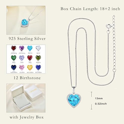 925 Sterling Silver Halo Heart Necklace for Women | Lwsary Love Heart Necklace, Heart Cut Birthstone Jewelry for Her - color: Blue