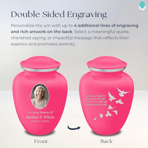 Embrace Adult Personalized Doves Cremation Urns for Human Ashes I Large Picture Bright Pink Funeral Urn for Adult Men and Women with Double Side Engraving I 200 lbs - color: _Bright Pink (Double Sided)