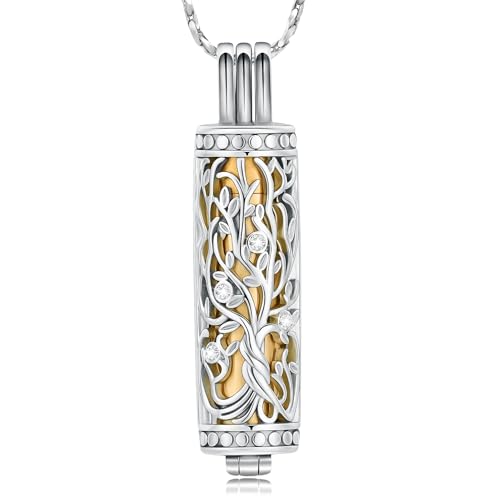 Tree of Life Urn Necklace for Women Men Cylinder Bar Memorial Ash Pendant | Tree of Life Cremation Jewelry,Stainless Steel Keepsakes Necklaces,Vial Ashes Pendant - color: Silver-Gold