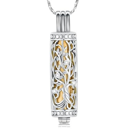 Tree of Life Urn Necklace for Women Men Cylinder Bar Memorial Ash Pendant | Tree of Life Cremation Jewelry,Stainless Steel Keepsakes Necklaces,Vial Ashes Pendant - color: Silver-Gold