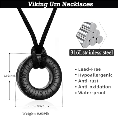 Hearbeingt Cremation Jewelry Urn Necklace for Ashes for Women Men, Circle of Life Eternity Memorial Pendant Ash Jewelry - color: Viking Rune-Black