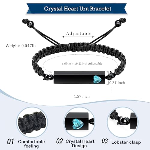 Hearbeingt Crystal Heart Cremation Jewelry Bar Urn Bracelet for Ashes - color: Black-Light Blue stone