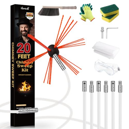 20 Feet Chimney Sweep Kit, Chrome Button Locking System, Chimney Cleaning Kit, Chimney Brush, Chimney Cleaning Tool, Chimney Cleaning System with 6 Flexible Chimney Rods - size: 20 FT