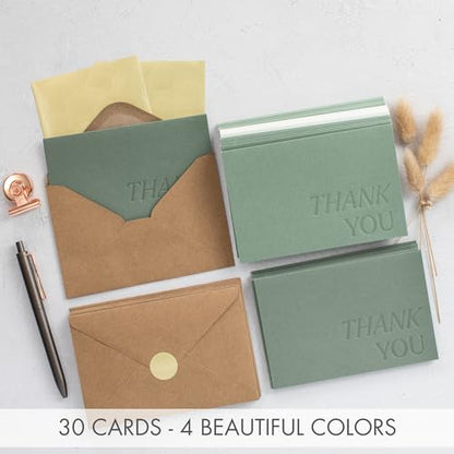 ZICOTO Beautiful Thank You Cards Set of 30 With Envelopes and Stickers | Elegant Blank Cards for Personalized Notes - Bulk Stationary Set for All Occasions Incl. Weddings, Business & Baby Showers - color: Sage