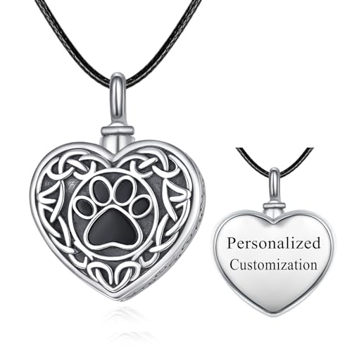 Dreamboat Pet Urn Necklace for Dog Cat Ashes 925 Sterling Silver Paw Print Cremation Keepsake Pendant Celtic Knot Memorial Jewelry Gifts for Women Men - style: 03B-Heart (Silver Personalized)