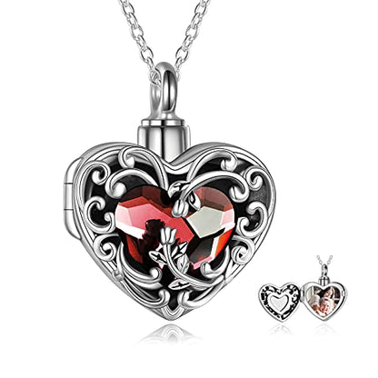 WINNICACA Cremation Jewelry for Ashes Locket Ashes Necklace Urn Necklace for Women Sterling Silver Cremation Necklace for Ashes Fine Keepsake Picture Necklace Memorial Jewelry - style: A01-Rose Urn Locket Necklace(Red Crystal)