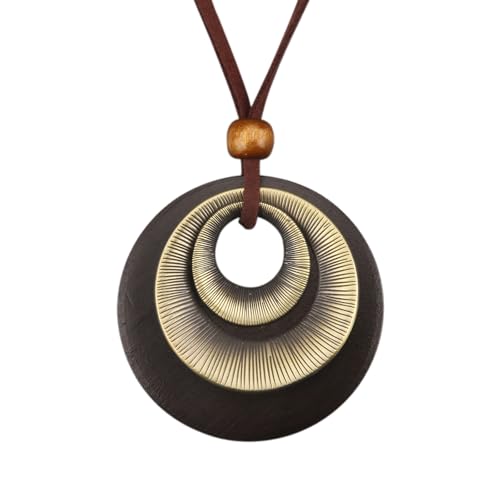 PU Leather Necklace Vintage Boho Multilayer Pendant for Women Men | Bohemian Hippie Style, Handmade Alloy Sweater Choker, Easy Adjustable Long Cord, Fit Daily Holiday Party Outfits,Jewelry Gift - color: Brown Gold 3 Circles Wooden Necklace