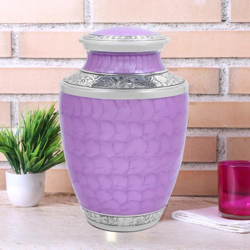 Alpha Living Home Cremation Urn, Adult, 200+ cu in, Purple Silver | Lightweight metal, hand-applied lilac enamel, screw-top lid, 7x7x10 in, memorial, burial, niche use - color: Purpal, size: Hand Engraved