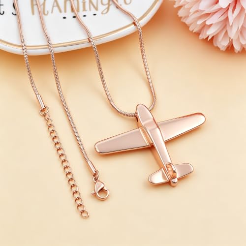 Airplane Ashes Necklace Aircraft Cremation Urn Necklace for Ashes Pendant Stainless Steel Keepsake Memorial Jewelry for Women Men - color: Rose gold
