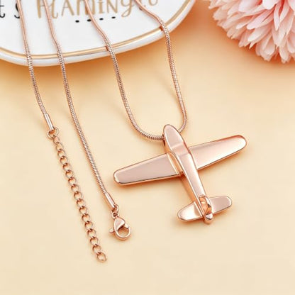 Airplane Ashes Necklace Aircraft Cremation Urn Necklace for Ashes Pendant Stainless Steel Keepsake Memorial Jewelry for Women Men - color: Rose gold