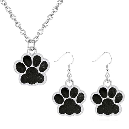 Dreuyet Paw Necklace and Earrings Set for Women Glitter Cute Dog Cat Pet Paw Print Pendant Necklace Earrings Lovely Animal Charm Jewelry Set Gifts - color: Silver Black