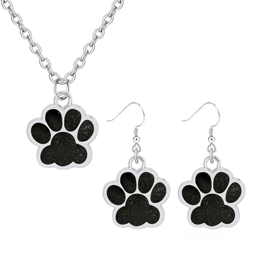 Dreuyet Paw Necklace and Earrings Set for Women Glitter Cute Dog Cat Pet Paw Print Pendant Necklace Earrings Lovely Animal Charm Jewelry Set Gifts - color: Silver Black