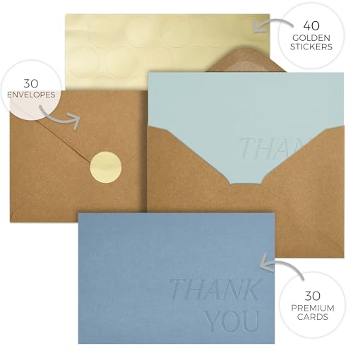ZICOTO Beautiful Thank You Cards Set of 30 With Envelopes and Stickers | Elegant Blank Cards for Personalized Notes - Bulk Stationary Set for All Occasions Incl. Weddings, Business & Baby Showers - color: Blue