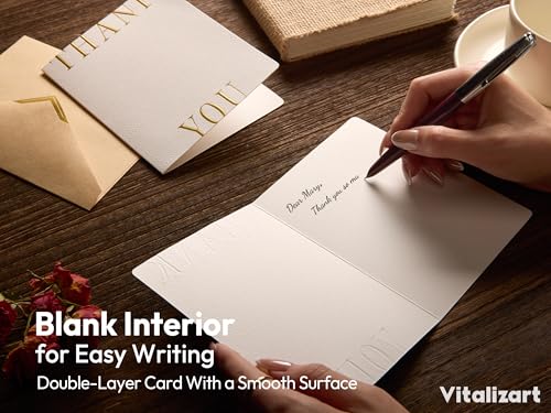 Vitalizart Foil-Stamped Thank You Cards with Envelopes 16 Pack 4.3" x 5.5" | 250 gsm Thick Textured Cardstock, Elegant Foil Design, Blank Inside for Business Wedding Bridal Shower Baby Shower Graduation - color: White Foil-Stamped, size: 16 pcs