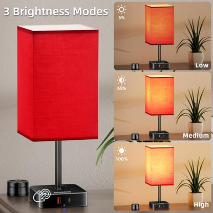 Bedroom Nightstand Lamp with Charger, Touch Table Lamps with Remote Control - color: Red