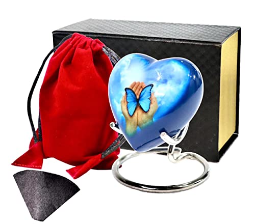 Blue Butterfly Small Love Heart Urn for Human Ashes Remains - Funeral Gift Set of Mini Heart Urn - Display Stand - Velvet Carry Bag - A Paper Funnel - Magnetic Closure Gift Box - color: Blue Butterfly in Hand-heart
