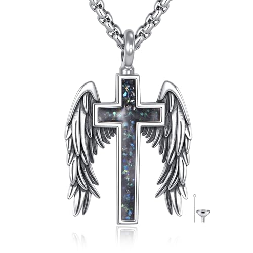 ONEFINITY Religious Urn Necklace for Ashes 925 Sterling Silver Cross/Angel Wing/Butterfly/Raphael Abalone Shell Pendant Necklace Cremation Memorial Keepsake Jewelry Gift for Ashes of Loved One Women - style: Cross Angle Wings