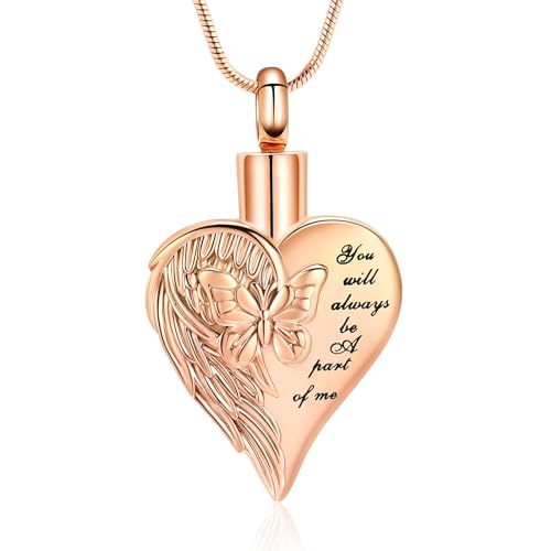 Love Heart Cremation Jewelry Urn Necklaces Butterfly Urn Necklaces for Ashes Memorial Keepsake Pendant for Women Men Gifts With Funnel Kit & Bag - color: RoseGold