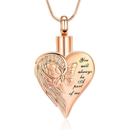 Love Heart Cremation Jewelry Urn Necklaces Butterfly Urn Necklaces for Ashes Memorial Keepsake Pendant for Women Men Gifts With Funnel Kit & Bag - color: RoseGold