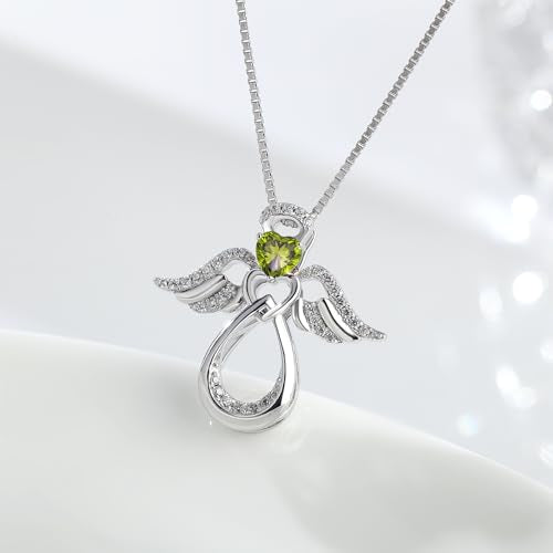 925 Sterling Silver Guardian Angel Pendant Necklace for Women with Birthstone Cubic Zirconia Little Angel Pendant Necklace Jewelry 18 inch Chain - color: 08-Aug-Peridot