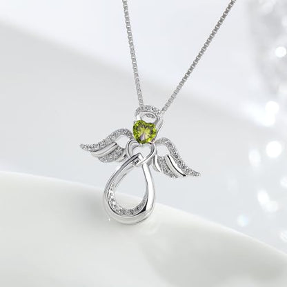 925 Sterling Silver Guardian Angel Pendant Necklace for Women with Birthstone Cubic Zirconia Little Angel Pendant Necklace Jewelry 18 inch Chain - color: 08-Aug-Peridot