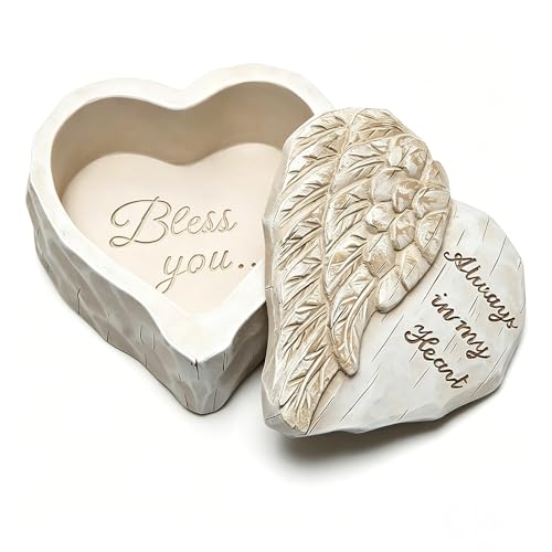 Heart-Shaped Angel Wing Jewelry Box, White Resin, 'Always in My Heart' Engraved, 3.34 x 1.77 Inch, Keepsake Storage