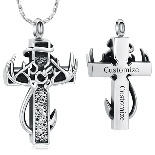 Imrsanl Cross Urn Necklace for Ashes for Women Men | Cremation Jewelry, Fish Hook Deer Antler Design Memorial Pendant, Human Pets Ashes Holder Keepsake - color: Customize