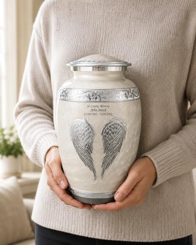 White Angel Wings Funeral Cremation Urn with Matching Keepsake, Velvet Bag and Personalization (Pearl White, Large) - color: Pearl White, size: Large