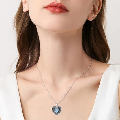 Heart Photo Locket Necklace 925 Sterling Silver Birthstone Gemstone That Holds 2 Pictures Locket Necklace Jewelry Gifts for Mother Women Mom Mother's Day Christmas Birthday - style: 03-March-Aquamarine-Customize