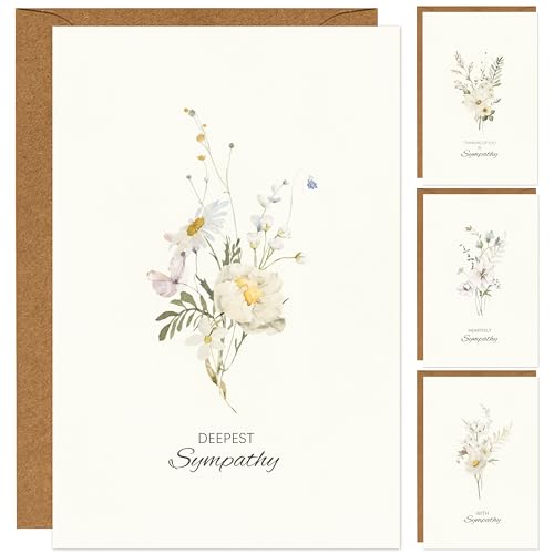 Crisky 4 Pack Watercolor White WildFlower Sympathy Cards with Envelopes Sealed 4 Assortment Condolence/Bereavement Cards - color: Whiteflower, size: 4 Pieces