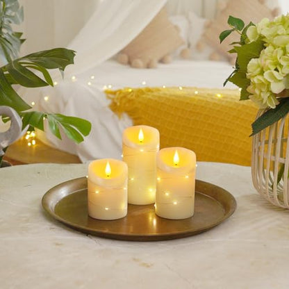 Homemory Flameless Candles with String Lights, 3 Pack Embedded Fairy String Lights LED Candles, Electric Flickering Candles with Remote Control and Timer, Real Wax, Ivory White - color: Ivory