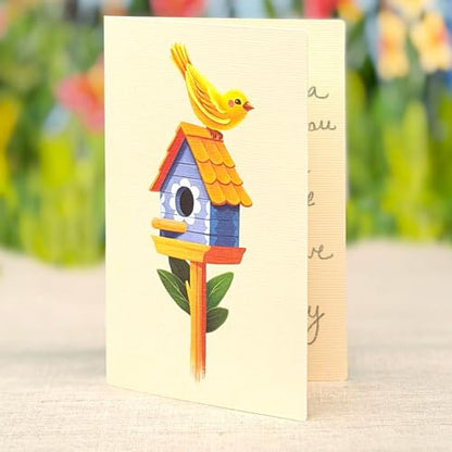 Freshcut Paper Pop Up Cards, Mini Birdhouse Garden, 9 Inch Life Sized Forever Flower Bouquet 3D Popup Greeting Card, Birthday Cards, Thank You Card, Blank Notecard & Envelope - color: Birdhouse Garden, size: Mini