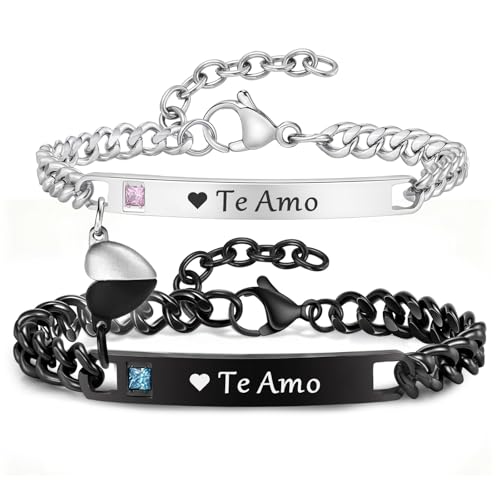 MEALGUET Matching Couple Bracelets for Men Women : His Hers Stainless Steel Cuban Link Chain Bracelets Set for Boyfriend Girlfriend Husband Wife, Romantic Gifts for Valentines Birthday Anniversary - style: te Amo