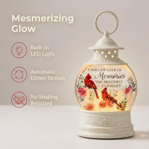 The Bridge Collection - "Memories LED Glitter Lantern with Cardinals and Floral Design - Rememberance Home Accent Light - Bereavement Gift for Lost Loved One