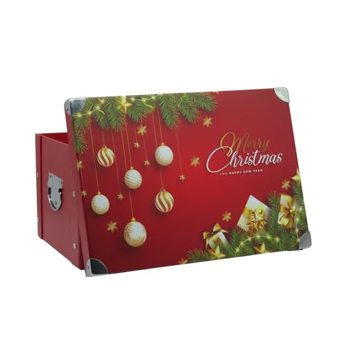 GUOZI Collapsible Storage Box, Decorative Memory Box with Lid & Metal Reinforced Corners, Cardboard File Bin with Handles, Organizer Gift Box for Keepsake Toy Photos Office Nursery Wardrobe Bookshelf - color: Christmas-Red