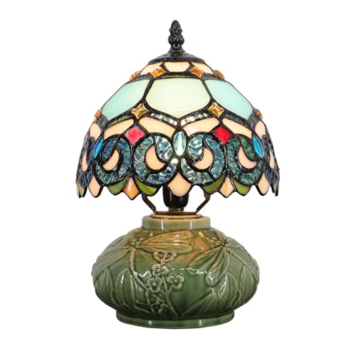 Small Tiffany Lamp Mushroom Table Lamp, Mini Stained Glass Desk Light Memory Sympathy Ceramic lamp 8X11 Inch (Sapphire Style)