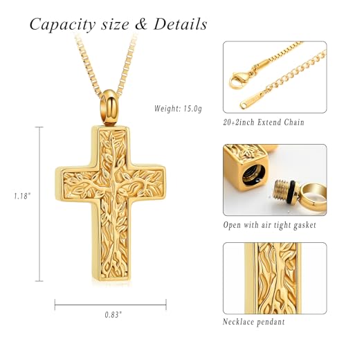XSMZB Cross Urn Necklace for Ashes for Women Men Tree of Life Cross Cremation Jewelry Keepsake Pendant for Ashes of Loved One - color: Gold