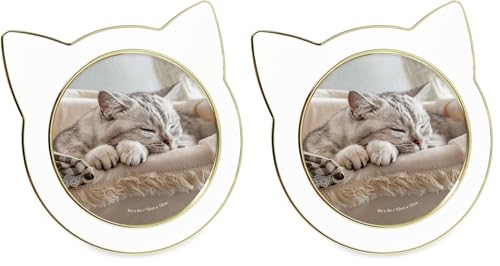 Isaac Jacobs 4x4 White with Gold Round Enamel Cat Picture Frame w/Ears - Tabletop, Home & Office Décor, (4x4, White with Gold) (Pack of 2) - color: White with Gold, size: 4x4 (Pack of 2)