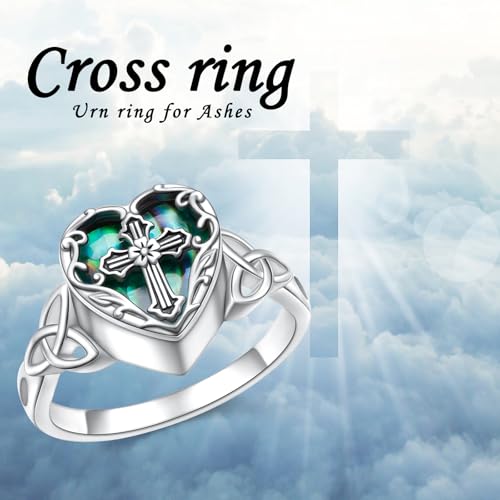 925 Sterling Silver Keepsake Cremation Urn Rings for Ashes | Sunflower Cross Celtic Knot Heart Abalone Shell Moonstone Ring Memorial Jewelry Gift for Christmas Anniversary Birthday - color: Cross celtic knot