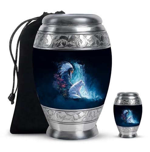 Native American Small Funeral Urn for Male Remains - Blue Urn for Human Ashes Adult Woman - Black Cremation Urns Human Adult Mom 3 Inch Fox Keepsake & 10 Inch Set - color: Native American-4, size: combo-1