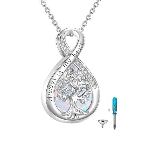Diamond Tree of Life Urn Necklace for Ashes 925 Sterling Silver Family Tree of Life Cremation with Funnel Filler Ash Holder Keepsake Memorial Jewelry Gifts for Women,18+2 inch - style: Style 2-White Opal