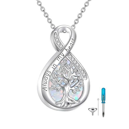 Diamond Tree of Life Urn Necklace for Ashes 925 Sterling Silver Family Tree of Life Cremation with Funnel Filler Ash Holder Keepsake Memorial Jewelry Gifts for Women,18+2 inch - style: Style 2-White Opal