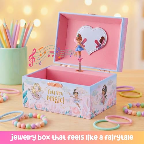 Giggle & Honey Musical Fairy Jewelry Box for Girls - Kids Music Box with Spinning Fairy and Mirror, Princess Birthday Gifts for Little Girls, Childrens Jewelry Boxes for Ages 3-10 - 6 x 4.7 x 3.5 in | Music Boxes for Little Girls, Toddler Jewelry Box for
