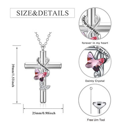 Cross Urn Necklace for Ashes 925 Sterling Silver Cremation Jewelry with Funnel Filler Kit Ashes Necklace for Human Women Girl Pets - color: A_Pink Butterfly Urn Necklace, style: Personalized