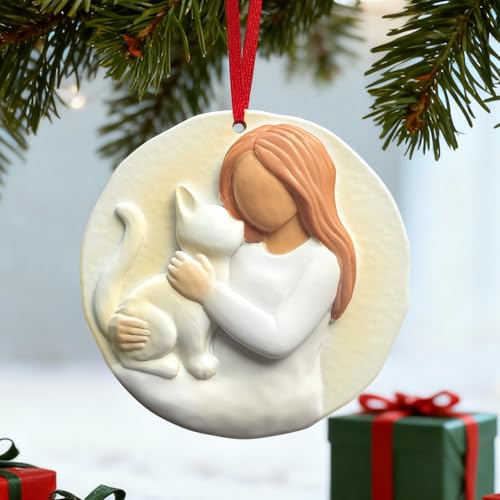 3D Cat Christmas Ornament for Christmas Tree Decorations 2026 - Cat Lover Gifts for Women, Girls, Pet Owners - Animal Lover for Resin Christmas Decorations Holiday Keepsake Gift - style: Cat & Girl