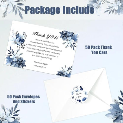 50 Pcs Funeral Sympathy Thank You Cards with Envelopes and Stickers, Sympathy Thank You Cards with Watercolor Blue Flower Bereavement Message for Memorial Service Loved Ones Celebration of Life