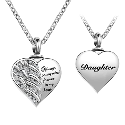 Guardian Angel Wings Cremation Jewelry for Ashes Heart Crystal Urn Necklaces for Ashes Memorial Keepsake Necklace Always on Mind Forever in My Heart - style: Daughter