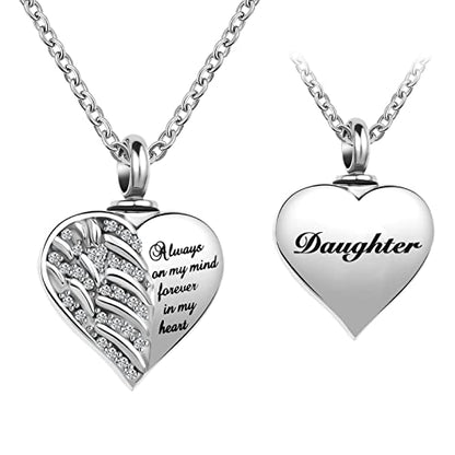 Guardian Angel Wings Cremation Jewelry for Ashes Heart Crystal Urn Necklaces for Ashes Memorial Keepsake Necklace Always on Mind Forever in My Heart - style: Daughter